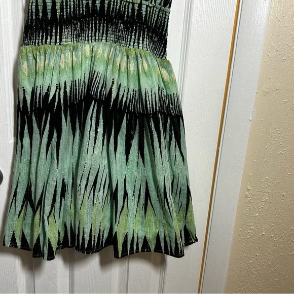 Free People XS Boho Halter Mini Dress Green Abstract Print Smocked Waist - Picture 15 of 15